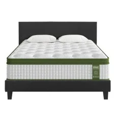 Artiss BedStory Double Platform Bed Frame with Charcoal Upholstered Headboard and Hybrid Pocket Coil Mattress