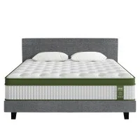 Artiss BedStory King Bed Frame Set with Hybrid Pocket Coil Mattress Medium Firm Linen Grey Padded Headboard