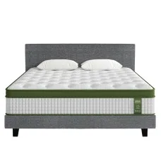 Artiss BedStory King Bed Frame Set with Hybrid Pocket Coil Mattress Medium Firm Linen Grey Padded Headboard