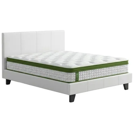 Bedstory Artiss Double Bed Frame in White PVC Leather with Padded Headboard & Hybrid Pocket Coil Mattress, Medium Firm
