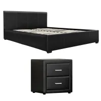 Artiss Gas Lift Queen Storage Bed Frame and Bedside Table Set Black PVC Leather 203x153cm Fit Queen Mattress