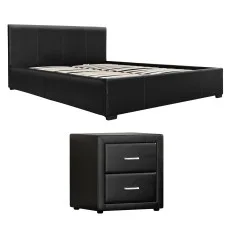 Artiss Gas Lift Queen Storage Bed Frame and Bedside Table Set Black PVC Leather 203x153cm Fit Queen Mattress