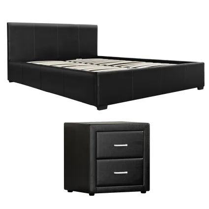 Artiss Gas Lift Queen Storage Bed Frame and Bedside Table Set Black PVC Leather 203x153cm Fit Queen Mattress