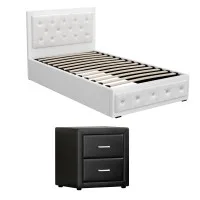 Artiss Gas Lift King Single Bed Frame with Hidden Storage and Black Bedside Table Set White PVC Leather