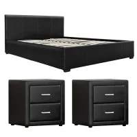 Artiss Queen Gas Lift Storage Bed Frame with 2 Black PU Leather Bedside Tables and Hidden Storage Options