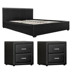 Artiss Queen Gas Lift Storage Bed Frame with 2 Black PU Leather Bedside Tables and Hidden Storage Options