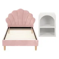 Artiss ROSY King Single Bed Frame with Pink Scallop Velvet Headboard and White Bedside Table Set