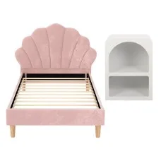 Artiss ROSY King Single Bed Frame with Pink Scallop Velvet Headboard and White Bedside Table Set