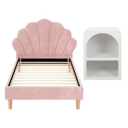 Artiss ROSY King Single Bed Frame with Pink Scallop Velvet Headboard and White Bedside Table Set
