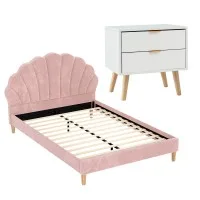 Artiss Pink Velvet Double Bed Frame with Scallop Headboard & White 2-Drawer Bedside Table, 204x144x105cm