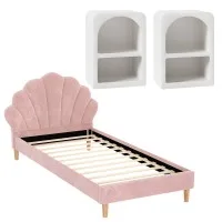 Artiss Rosy King Single Bed Frame Scallop Pink Velvet Headboard with 2 White Bedside Tables 216x114cm