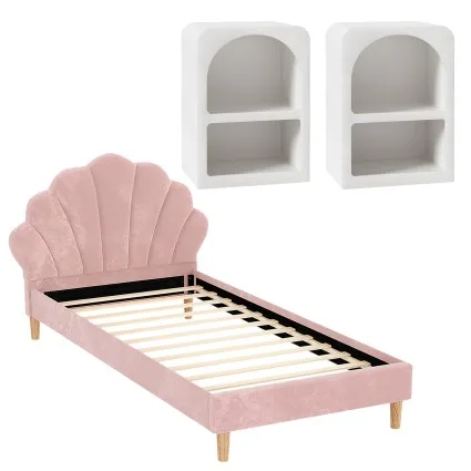 Artiss Rosy King Single Bed Frame Scallop Pink Velvet Headboard with 2 White Bedside Tables 216x114cm