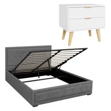 Artiss Tiyo Queen Upholstered Gas Lift Storage Bed Frame with Matching 2-Drawer Bedside Table Bundle