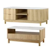 Artiss Entertainment Unit and Coffee Table Set 150cm with Storage Drawers Pine Marble Finish Fluted Design
