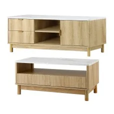 Artiss Entertainment Unit and Coffee Table Set 150cm with Storage Drawers Pine Marble Finish Fluted Design