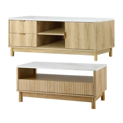 Artiss Entertainment Unit and Coffee Table Set 150cm with Storage Drawers Pine Marble Finish Fluted Design