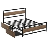 Artiss DREW Queen Bed Frame with 2 Underbed Drawers Reinforced Steel Slats Walnut MDF Headboard Industrial