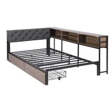 Artiss King Single Metal Bed Frame with 2 Drawers, Charging Station, LED Lights and Storage Headboard in Oak