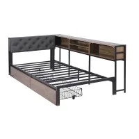 Artiss Single Bed Frame with 2 Drawers and Charging Station Metal Corner Design with Upholstered Headboard Oak