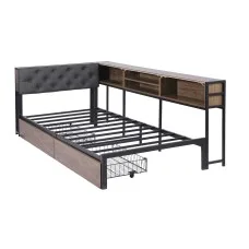 Artiss Single Bed Frame with 2 Drawers and Charging Station Metal Corner Design with Upholstered Headboard Oak