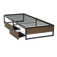 Artiss Oslo King Single Metal Bed Frame with 2 Underbed Drawers Black and Dark Wood Industrial Design