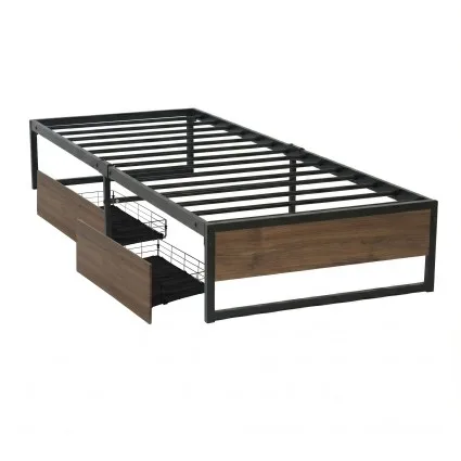 Artiss Oslo King Single Metal Bed Frame with 2 Underbed Drawers Black and Dark Wood Industrial Design