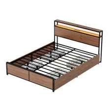 Artiss Metal Bed Frame Double Size with LED Headboard, 4 Storage Drawers, Charging Station, Noise-Free, Black