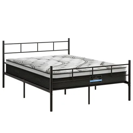Artiss Double Metal Bed Frame with 32cm Euro Top Mattress 300kg Capacity Black 5 Zoned Pocket Springs