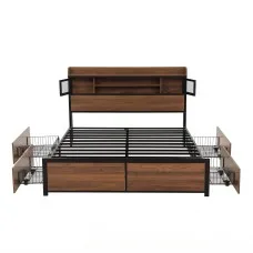 Artiss Double Metal Bed Frame with Charging Station 4 Drawers and Headboard Storage Oak 300kg