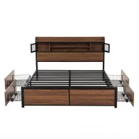Artiss Queen Metal Bed Frame with Charging Station, 4 Drawers, Headboard Storage and 300kg Load Oak