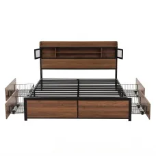 Artiss Queen Metal Bed Frame with Charging Station, 4 Drawers, Headboard Storage and 300kg Load Oak