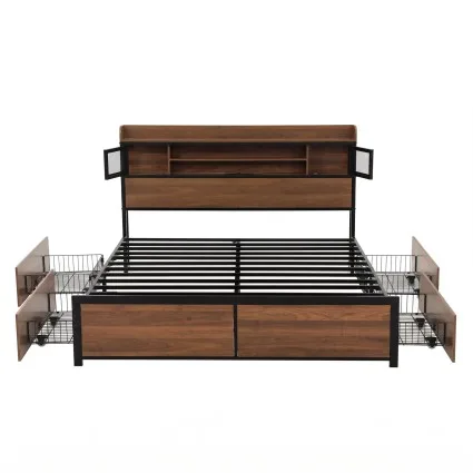 Artiss Queen Metal Bed Frame with Charging Station, 4 Drawers, Headboard Storage and 300kg Load Oak