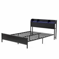 Artiss GRID Double Metal Bed Frame with RGB LED Lights Built‑in Charging Station and Storage Shelf 190x137cm