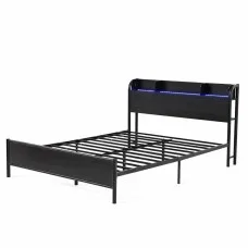 Artiss GRID Double Metal Bed Frame with RGB LED Lights Built‑in Charging Station and Storage Shelf 190x137cm