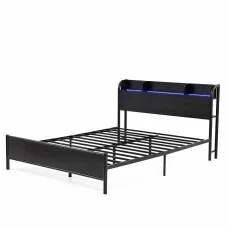 Artiss GRID Queen Metal Bed Frame with Storage Shelf Headboard LED Lights Type C USB AC Ports 300kg Capacity