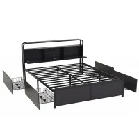 Artiss Queen Metal Bed Frame with 4 Drawers, Open Shelves and Hidden Storage Headboard in Black 300kg