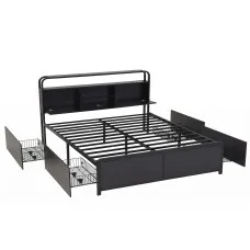 Artiss Queen Metal Bed Frame with 4 Drawers, Open Shelves and Hidden Storage Headboard in Black 300kg