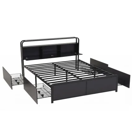 Artiss Queen Metal Bed Frame with 4 Drawers, Open Shelves and Hidden Storage Headboard in Black 300kg