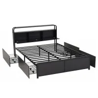 Artiss Queen Metal Bed Frame with 4 Drawers Hidden Storage Headboard Open Shelves Black 300kg E1 MDF