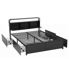 Artiss Queen Metal Bed Frame with 4 Drawers Hidden Storage Headboard Open Shelves Black 300kg E1 MDF