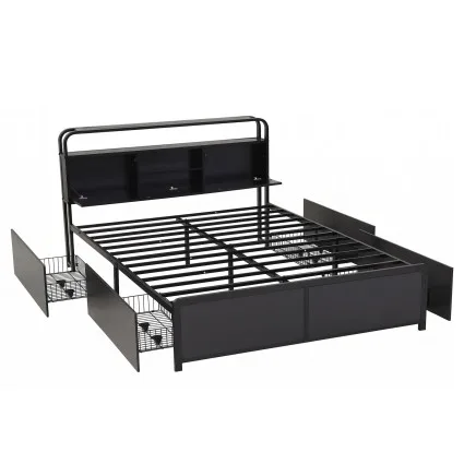 Artiss Queen Metal Bed Frame with 4 Drawers Hidden Storage Headboard Open Shelves Black 300kg E1 MDF