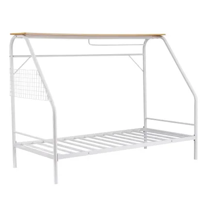 Artiss Single House Bed Frame Metal Canopy Storage Shelf with 180kg Capacity and 24cm Clearance White