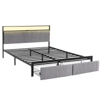 Artiss King Velvet Metal Bed Frame with LED Headboard USB Type C Charging and 2 Drawers Black 203x183cm