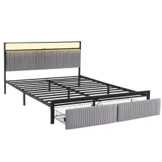 Artiss King Velvet Metal Bed Frame with LED Headboard USB Type C Charging and 2 Drawers Black 203x183cm