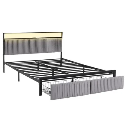 Artiss King Velvet Metal Bed Frame with LED Headboard USB Type C Charging and 2 Drawers Black 203x183cm