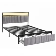 Artiss Queen Velvet Upholstered Metal Bed Frame with LED Lighting USB Type‑C Charging and 2 Drawers Black