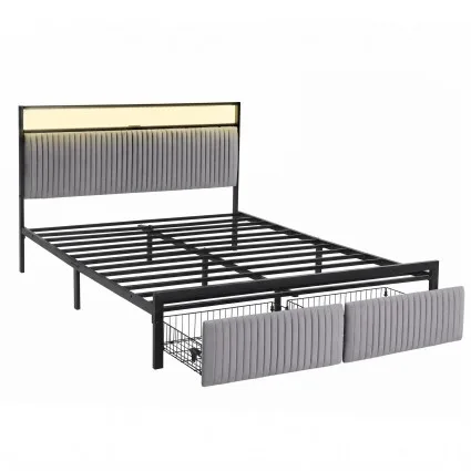 Artiss Queen Velvet Upholstered Metal Bed Frame with LED Lighting USB Type‑C Charging and 2 Drawers Black