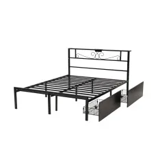 Artiss Double Metal Bed Frame with Charging Station, Storage Drawers, Headboard Shelf and 300kg Capacity Black