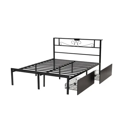 Artiss Double Metal Bed Frame with Charging Station, Storage Drawers, Headboard Shelf and 300kg Capacity Black