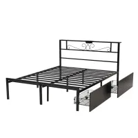Artiss Queen Bed Frame with Charging Station, Storage Drawers, Headboard Shelf and 300kg Capacity Black Metal